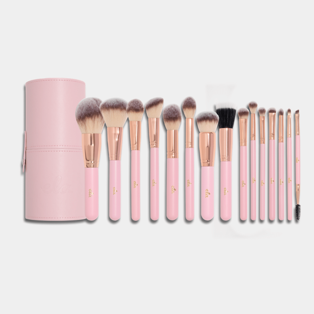 15 pink makeup brushes and cup holder